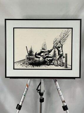 Tree Planting Black White Drawing Framed Print  21"Wx16"T Contemporary Art